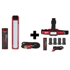Handheld Spotlights Milwaukee 445 Lumens LED Rover Rechargeable Pocket Flood Light And 600 Lumens LED USB Low-Profile Hard Hat Headlamp (2-Pack)