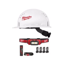 Headlamps Milwaukee 475 Lumens LED Rechargeable Hard Hat Headlamp With BOLT White Type 1 Class C Front Brim Vented Hard Hat