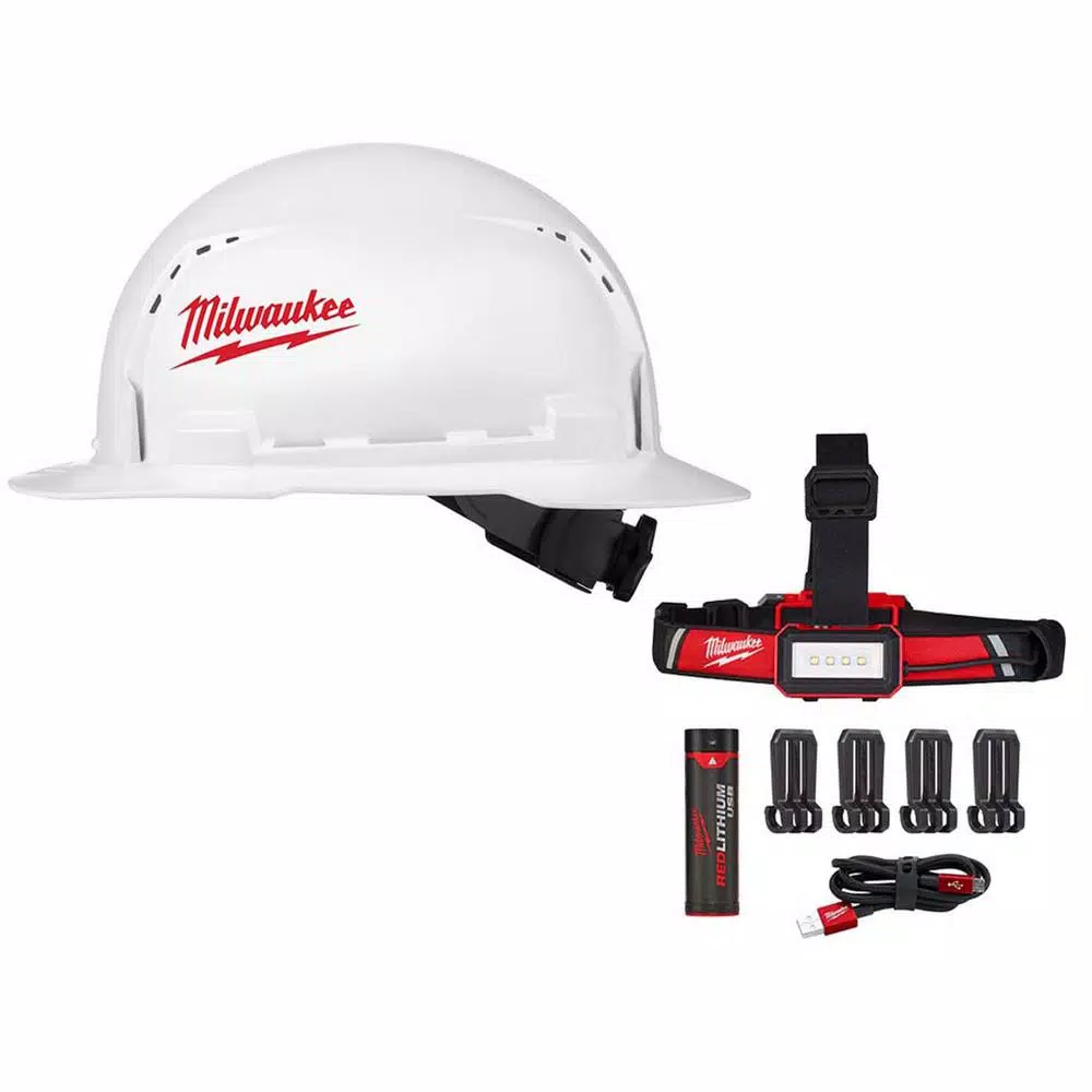 Headlamps Milwaukee 600 Lumens LED USB Rechargeable Low-Profile Hard Hat Headlamp With BOLT White Type 1 Class C Full Brim Vented Hard Hat 3 Headlamps Milwaukee 600 Lumens LED USB Rechargeable Low-Profile Hard Hat Headlamp With BOLT White Type 1 Class C Full Brim Vented Hard Hat