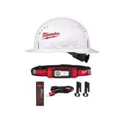 Headlamps Milwaukee 600 Lumens LED USB Rechargeable 360-Degree Visibility Hard Hat Headlamp With Type 1 Class C Full Brim Vented Hard Hat