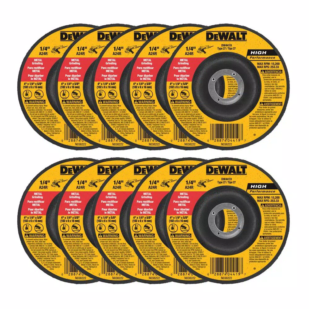 Abrasives DEWALT 4 In. X 1/4 In. X 5/8 In. General Purpose Metal Grinding Wheel (10-Pack) 3 Abrasives DEWALT 4 In. X 1/4 In. X 5/8 In. General Purpose Metal Grinding Wheel (10-Pack)
