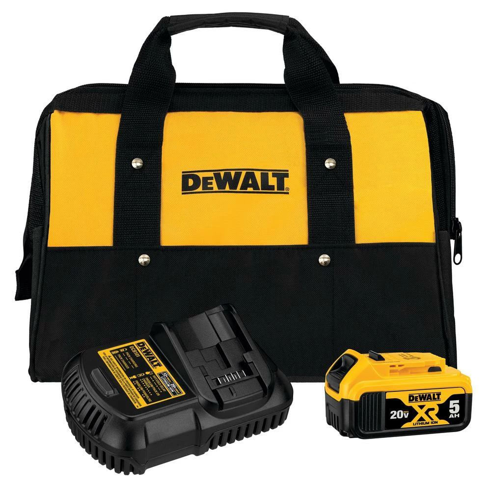 Power Tool Batteries DEWALT 20-Volt MAX XR Premium Lithium-Ion 5.0Ah Battery Pack, Charger & Kit Bag 3 Power Tool Batteries DEWALT 20-Volt MAX XR Premium Lithium-Ion 5.0Ah Battery Pack, Charger & Kit Bag