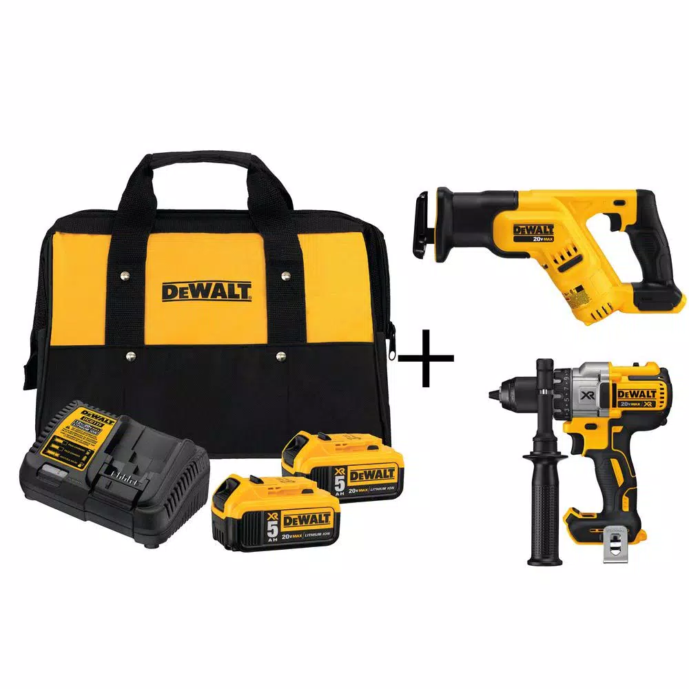 Power Tool Batteries DEWALT 20-Volt MAX Cordless Compact Reciprocating Saw With (2) 20-Volt Battery 5.0Ah & Brushless Drill 3 Power Tool Batteries DEWALT 20-Volt MAX Cordless Compact Reciprocating Saw With (2) 20-Volt Battery 5.0Ah & Brushless Drill
