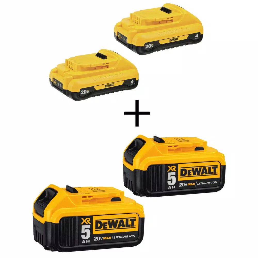 Power Tool Batteries DEWALT 20-Volt MAX Compact Lithium-Ion 4.0Ah Battery Pack (2-Pack) And 5.0Ah Battery (2-Pack) 3 Power Tool Batteries DEWALT 20-Volt MAX Compact Lithium-Ion 4.0Ah Battery Pack (2-Pack) And 5.0Ah Battery (2-Pack)