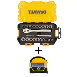 Hand Tool Sets DEWALT 1/2 In. Drive Combination Socket Set With Case (23-Piece) With Bonus 9 Ft. X 1/2 In. Pocket Tape Measure