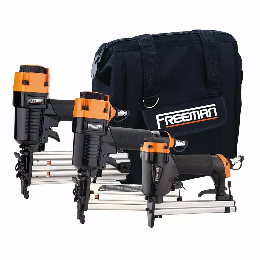 Nail Guns Freeman Pneumatic 18-Gauge And 22-Gauge Corded 3-Piece Brad Nailer, Stapler And Upholstery Kit With Fasteners And Bag 3 Nail Guns Freeman Pneumatic 18-Gauge And 22-Gauge Corded 3-Piece Brad Nailer, Stapler And Upholstery Kit With Fasteners And Bag