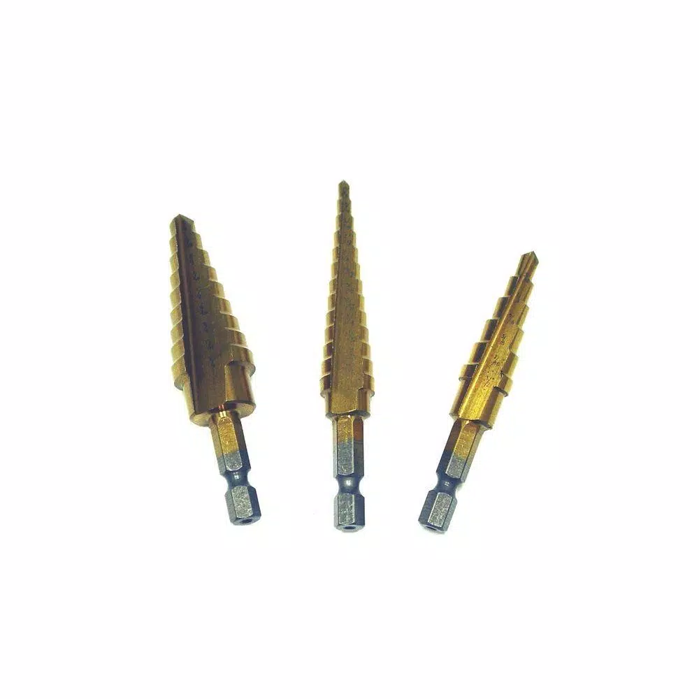 Drill Bits Grand Rapids Industrial Products Titanium Coated Steel Step Drill Bit Set (3-Piece) 3 Drill Bits Grand Rapids Industrial Products Titanium Coated Steel Step Drill Bit Set (3-Piece)