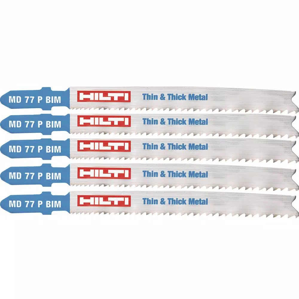 Saw Blades Hilti 3 In. 10 TPI To 21 TPI MD 77 Bi-Metal T-Shank Premium Jig Saw Blade For Cutting Thin To Thick Metal (5-Pack) 3 Saw Blades Hilti 3 In. 10 TPI To 21 TPI MD 77 Bi-Metal T-Shank Premium Jig Saw Blade For Cutting Thin To Thick Metal (5-Pack)