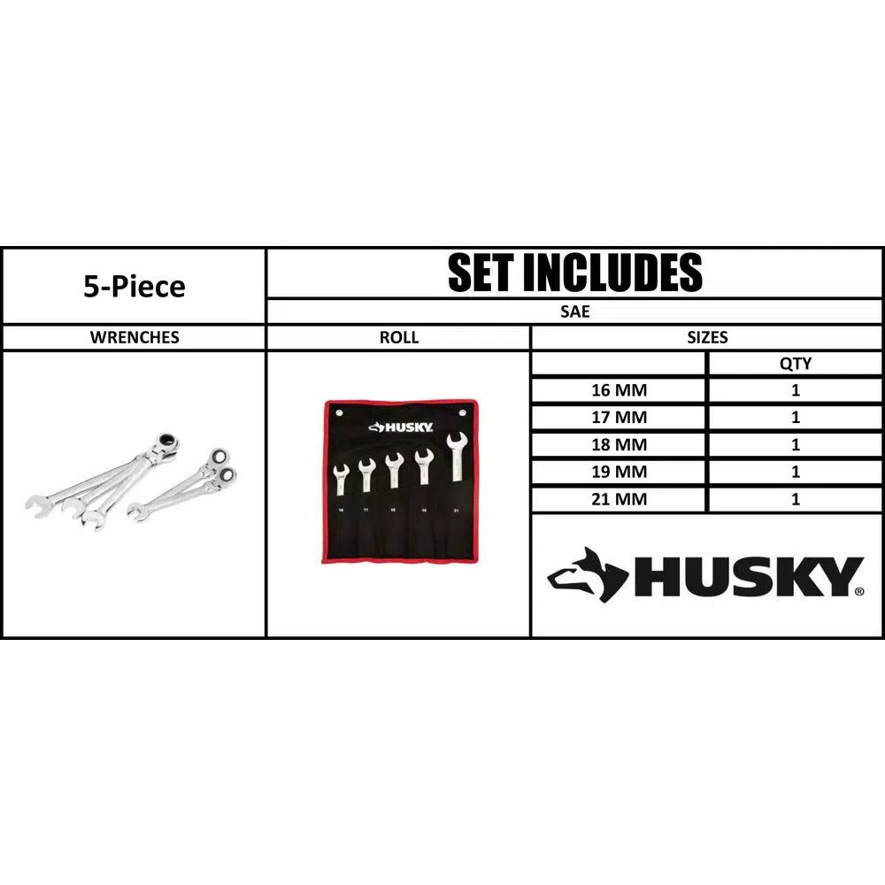 Hand Tool Sets Husky Large Metric Flex Head Ratcheting Wrench Set (5-Piece) 11 Hand Tool Sets Husky Large Metric Flex Head Ratcheting Wrench Set (5-Piece) - Image 9