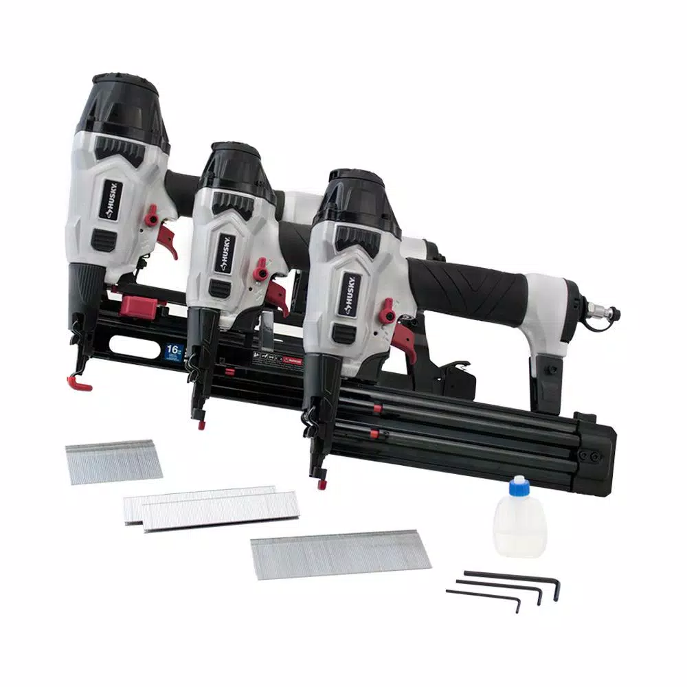 Nail Guns Husky Finish Kit With 16-Gauge Finish Nailer, 18-Gauge Brad Nailer And 18-Gauge Stapler (3-Piece) 3 Nail Guns Husky Finish Kit With 16-Gauge Finish Nailer, 18-Gauge Brad Nailer And 18-Gauge Stapler (3-Piece)