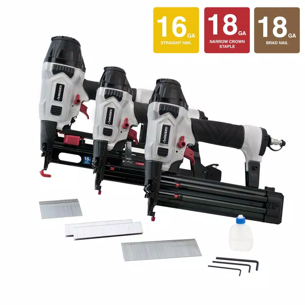 Nail Guns Husky Finish Kit With 16-Gauge Finish Nailer, 18-Gauge Brad Nailer And 18-Gauge Stapler (3-Piece) 4 Nail Guns Husky Finish Kit With 16-Gauge Finish Nailer, 18-Gauge Brad Nailer And 18-Gauge Stapler (3-Piece) - Image 2