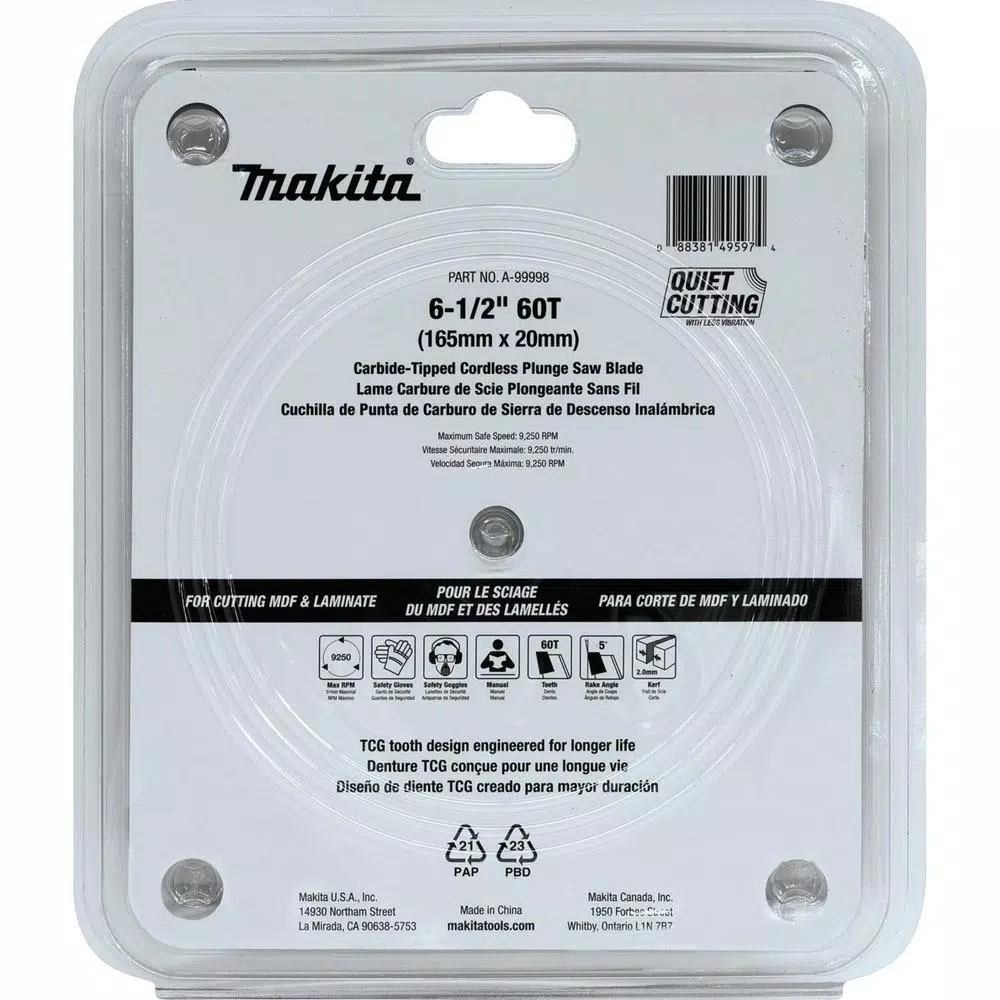 Saw Blades Makita 6-1/2 In. 60T (TCG) Carbide Tipped Cordless Plunge Saw Blade, MDF, Laminate 5 Saw Blades Makita 6-1/2 In. 60T (TCG) Carbide Tipped Cordless Plunge Saw Blade, MDF, Laminate - Image 3