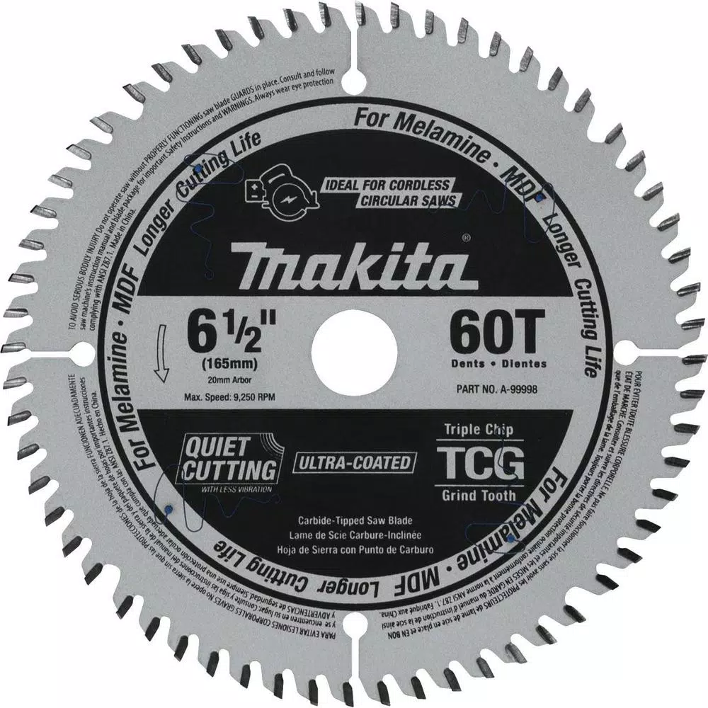 Saw Blades Makita 6-1/2 In. 60T (TCG) Carbide Tipped Cordless Plunge Saw Blade, MDF, Laminate 3 Saw Blades Makita 6-1/2 In. 60T (TCG) Carbide Tipped Cordless Plunge Saw Blade, MDF, Laminate