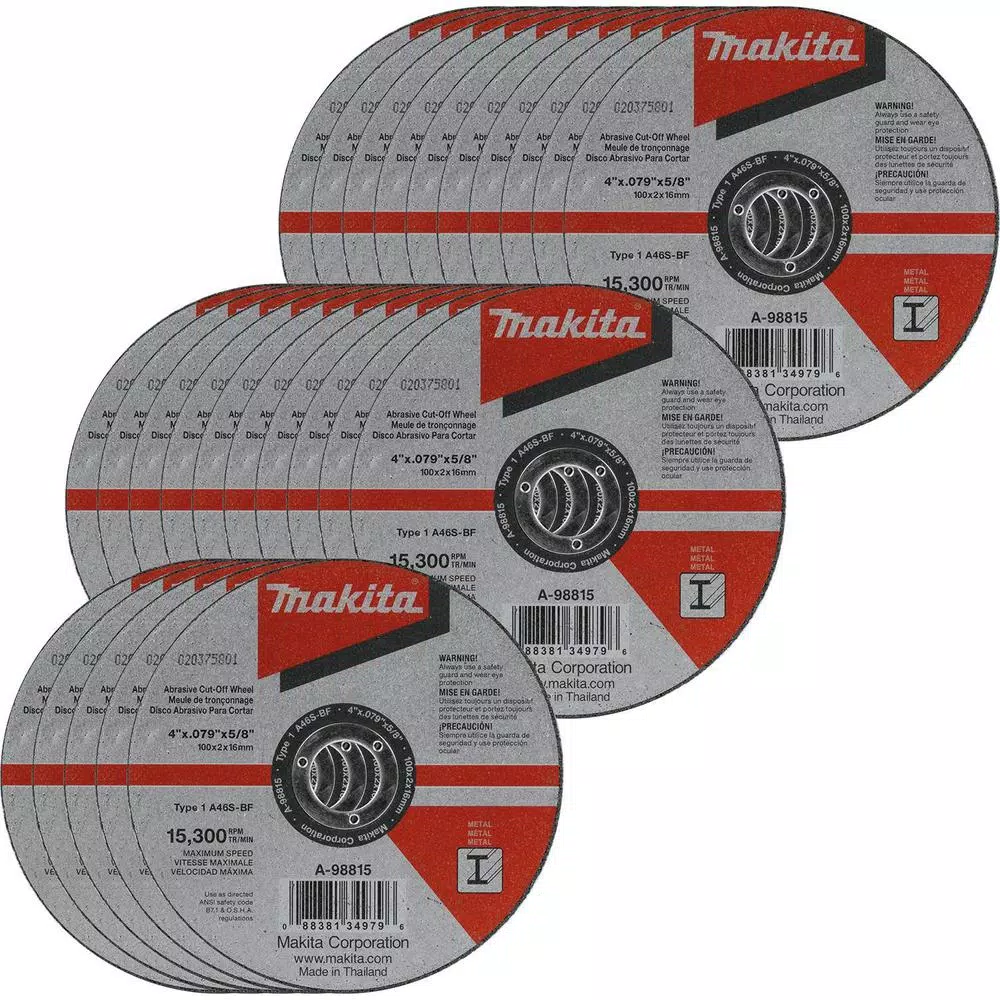 Abrasives Makita 4 In. X .100 In. X 5/8 In. Metal Cut-Off Wheel (25-Pack) 3 Abrasives Makita 4 In. X .100 In. X 5/8 In. Metal Cut-Off Wheel (25-Pack)