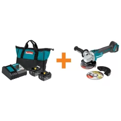 Power Tool Batteries Makita 18-Volt LXT 4.0 Ah Battery And Rapid Optimum Charger Starter Pack With Bonus 18-Volt LXT Brushless Cut-Off/Angle Grinder