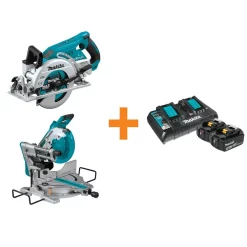 Power Tool Batteries Makita 18-Volt X2 LXT Brushless Cordless Rear Handle 7-1/4 In. Circular Saw W/Bonus Miter Saw, 2 Batteries 5.0 Ah
