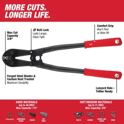 Cutting Tools Milwaukee 30 In. Bolt Cutter With 1/2 In. Max Cut Capacity W/ 18 In. Bolt Cutter With 3/8 In. Maximum Cut Capacity -Deals Power Tool Accessories Store milwaukee bolt cutters 48 22 4031 48 22 4018 40 1000