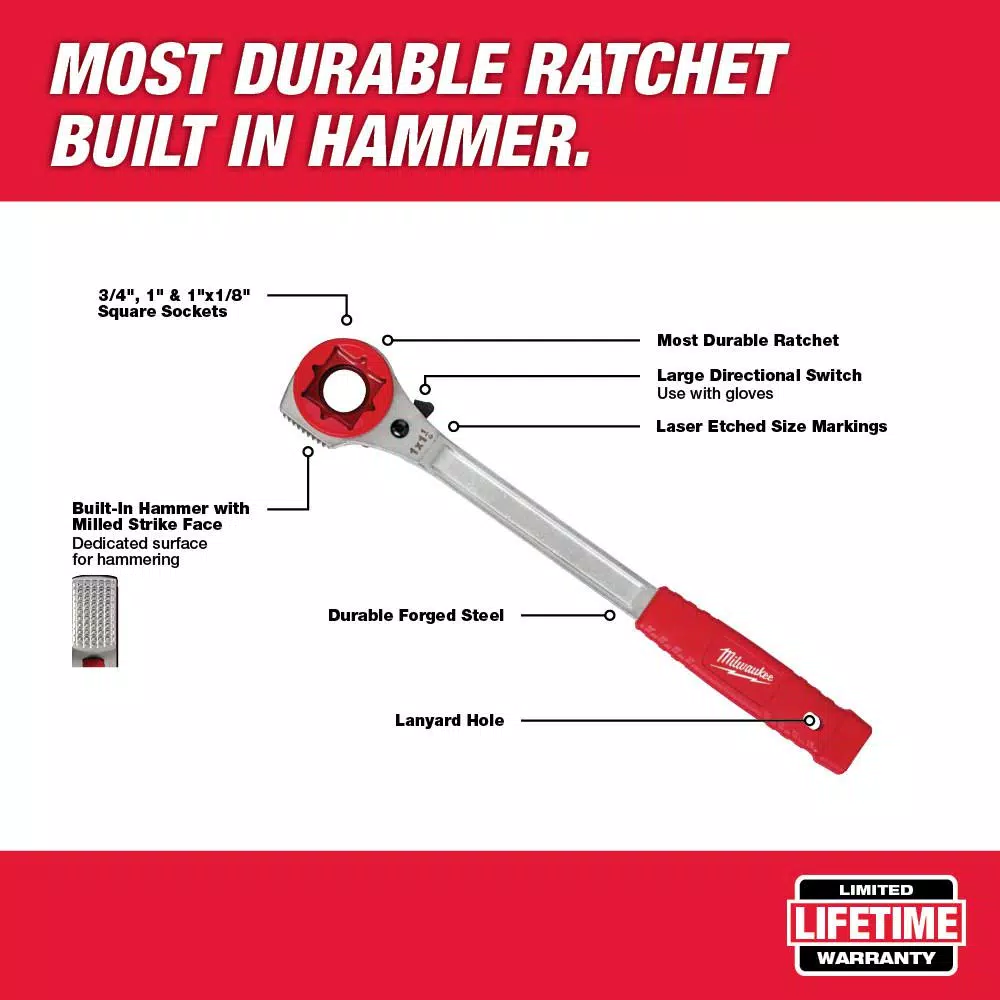 Wrenches Milwaukee Lineman’s High Leverage Ratcheting Wrench With Milled Strike Face 4 Wrenches Milwaukee Lineman’s High Leverage Ratcheting Wrench With Milled Strike Face - Image 2