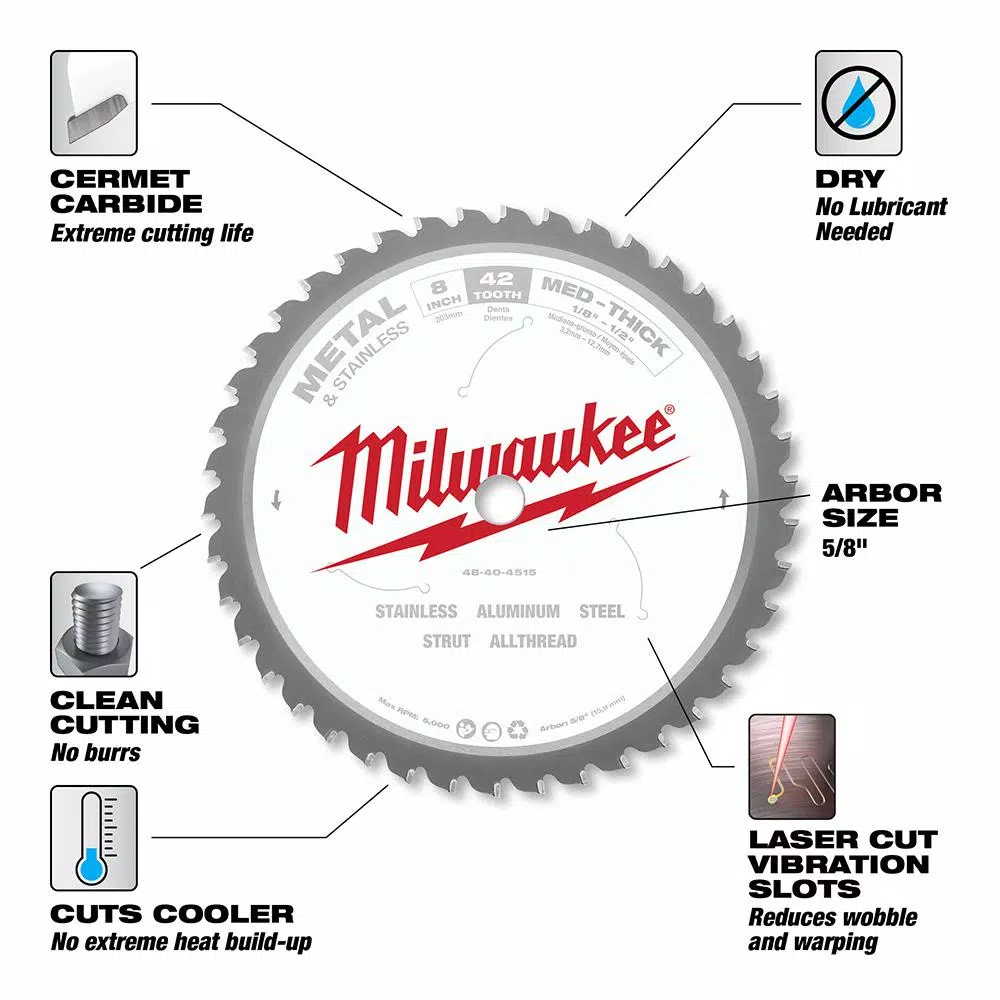Saw Blades Milwaukee 8 In. X 42 Carbide Teeth Metal & Stainless Cutting Circular Saw Blade 5 Saw Blades Milwaukee 8 In. X 42 Carbide Teeth Metal & Stainless Cutting Circular Saw Blade - Image 3