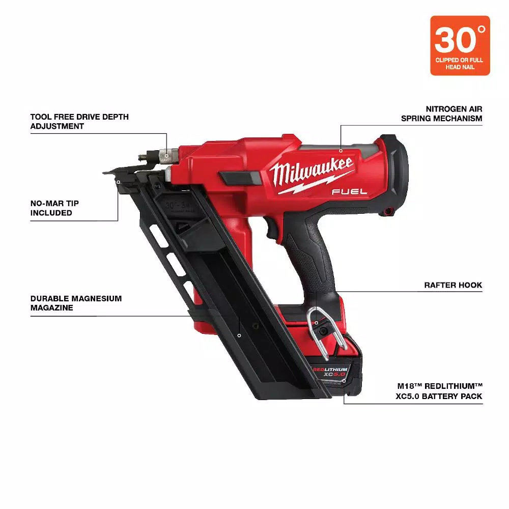 Nail Guns Milwaukee M18 FUEL 3-1/2 In. 18-Volt 30-Degree Lithium-Ion Brushless Framing Nailer Kit And Performance Safety Glasses With Gasket 4 Nail Guns Milwaukee M18 FUEL 3-1/2 In. 18-Volt 30-Degree Lithium-Ion Brushless Framing Nailer Kit And Performance Safety Glasses With Gasket - Image 2
