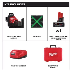 Measuring Tools Milwaukee M12 12-Volt Lithium-Ion Cordless Green 250 Ft. 3-Plane Laser Level Kit With One 4.0 Ah Battery, Charger And Case -Deals Power Tool Accessories Store milwaukee laser level 3632 21 40 1000