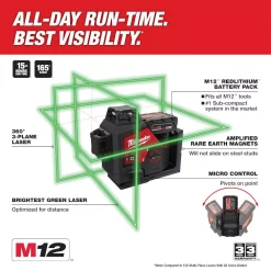 Measuring Tools Milwaukee M12 12-Volt Lithium-Ion Cordless Green 250 Ft. 3-Plane Laser Level Kit With One 4.0 Ah Battery, Charger And Case -Deals Power Tool Accessories Store milwaukee laser level 3632 21 e1 1000