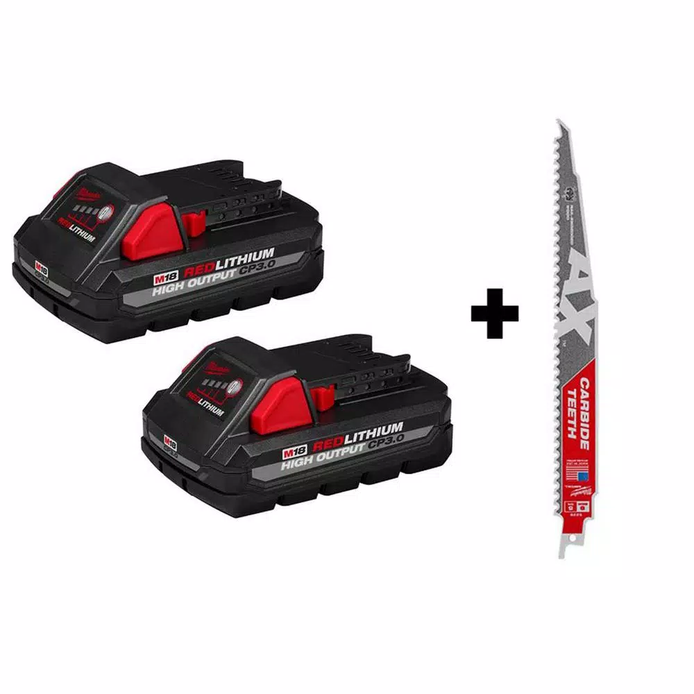 Power Tool Batteries Milwaukee M18 18-Volt Lithium-Ion HIGH OUTPUT CP 3.0 Ah Battery Pack (2-Pack) W/9 In. 5 TPI AX Carbide Reciprocating Saw Blade 3 Power Tool Batteries Milwaukee M18 18-Volt Lithium-Ion HIGH OUTPUT CP 3.0 Ah Battery Pack (2-Pack) W/9 In. 5 TPI AX Carbide Reciprocating Saw Blade