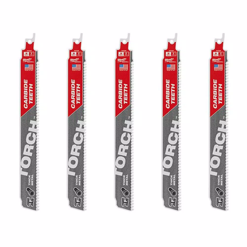 Saw Blades Milwaukee 9 In. 7 TPI TORCH Carbide Teeth Thick Metal Cutting SAWZALL Reciprocating Saw Blade (5 Pack) 3 Saw Blades Milwaukee 9 In. 7 TPI TORCH Carbide Teeth Thick Metal Cutting SAWZALL Reciprocating Saw Blade (5 Pack)