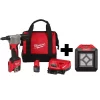 Fastening Tools Milwaukee M12 12-Volt Lithium-Ion Cordless Rivet Tool Kit With (2) 1.5Ah Batteries, Charger And 1000 Lumens M12 Flood Light -Deals Power Tool Accessories Store milwaukee rivet tools 2550 22 2364 20 64 1000