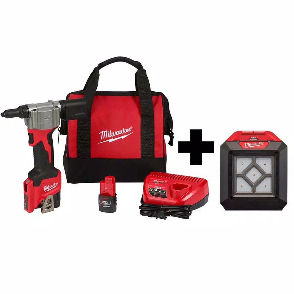 Fastening Tools Milwaukee M12 12-Volt Lithium-Ion Cordless Rivet Tool Kit With (2) 1.5Ah Batteries, Charger And 1000 Lumens M12 Flood Light 3 Fastening Tools Milwaukee M12 12-Volt Lithium-Ion Cordless Rivet Tool Kit With (2) 1.5Ah Batteries, Charger And 1000 Lumens M12 Flood Light