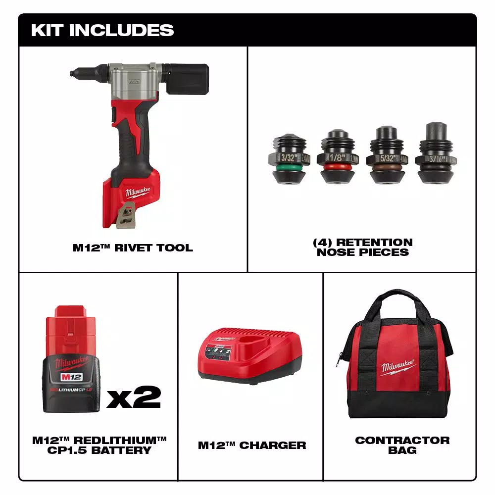 Fastening Tools Milwaukee M12 12-Volt Lithium-Ion Cordless Rivet Tool Kit With (2) 1.5Ah Batteries, Charger And 1000 Lumens M12 Flood Light 4 Fastening Tools Milwaukee M12 12-Volt Lithium-Ion Cordless Rivet Tool Kit With (2) 1.5Ah Batteries, Charger And 1000 Lumens M12 Flood Light - Image 2