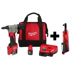 Fastening Tools Milwaukee M12 12-Volt Lithium-Ion Cordless Rivet Tool Kit With M12 3/8 In. Ratchet