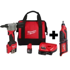 Fastening Tools Milwaukee M12 12-Volt Lithium-Ion Cordless Rivet Tool Kit With (2) 1.5Ah Batteries And Charger And M12 Rotary Tool