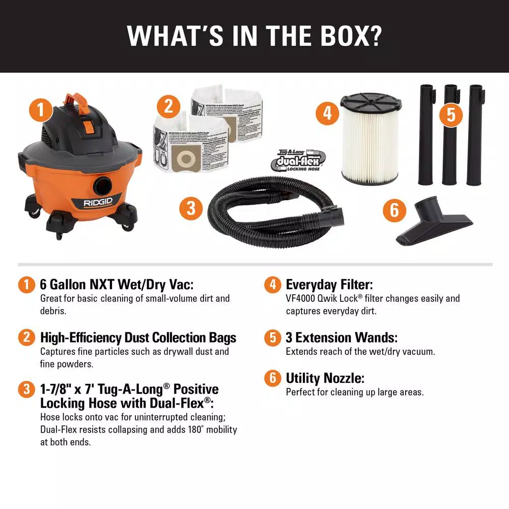 Wet & Dry Vacuums RIDGID 6 Gallon 3.5-Peak HP NXT Wet/Dry Shop Vacuum With Filter, Dust Bags, Hose And Accessories 4 Wet & Dry Vacuums RIDGID 6 Gallon 3.5-Peak HP NXT Wet/Dry Shop Vacuum With Filter, Dust Bags, Hose And Accessories - Image 2