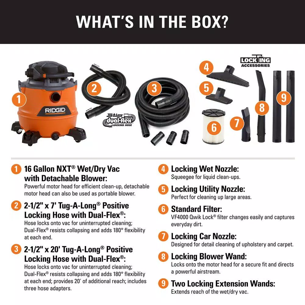 Wet & Dry Vacuums RIDGID 16 Gal. 6.5-Peak HP NXT Wet/Dry Shop Vacuum With Detachable Blower, Filter, 7 Ft. Hose, 20 Ft. Hose And Accessories 4 Wet & Dry Vacuums RIDGID 16 Gal. 6.5-Peak HP NXT Wet/Dry Shop Vacuum With Detachable Blower, Filter, 7 Ft. Hose, 20 Ft. Hose And Accessories - Image 2