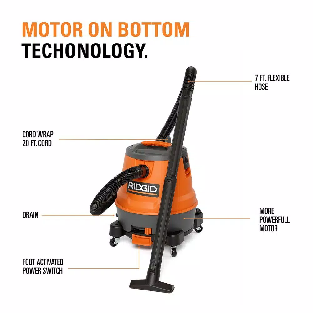 Wet & Dry Vacuums RIDGID 12 Gal. 6.5-Peak HP Motor-On-Bottom Wet/Dry Shop Vacuum With Fine Dust Filter, Hose And Accessories 5 Wet & Dry Vacuums RIDGID 12 Gal. 6.5-Peak HP Motor-On-Bottom Wet/Dry Shop Vacuum With Fine Dust Filter, Hose And Accessories - Image 3