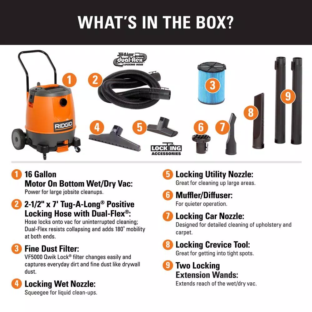 Wet & Dry Vacuums RIDGID 16 Gal. 6.5-Peak HP Motor-On-Bottom Wet/Dry Shop Vacuum With Fine Dust Filter, Hose And Accessories 4 Wet & Dry Vacuums RIDGID 16 Gal. 6.5-Peak HP Motor-On-Bottom Wet/Dry Shop Vacuum With Fine Dust Filter, Hose And Accessories - Image 2