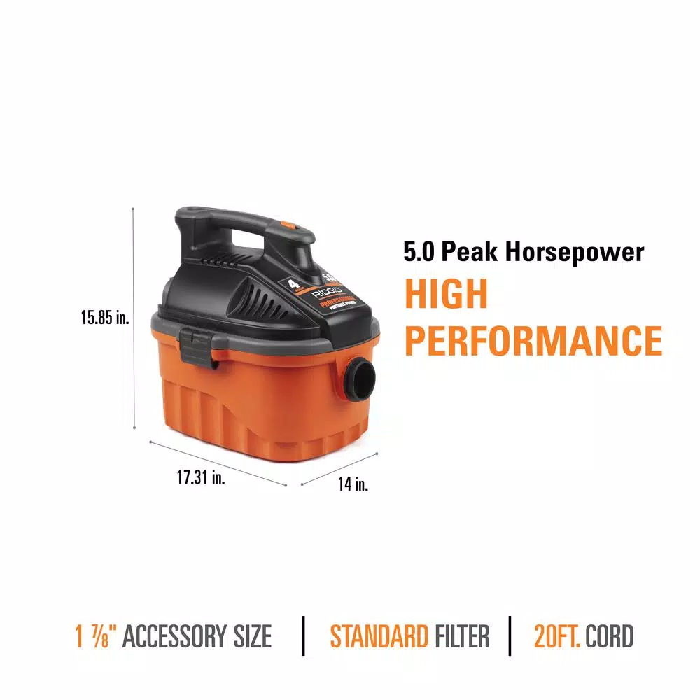 Wet & Dry Vacuums RIDGID 4 Gal. 5.0-Peak HP Portable Wet/Dry Shop Vacuum With Filter, Dust Bag, Locking Hose And Car Nozzle 6 Wet & Dry Vacuums RIDGID 4 Gal. 5.0-Peak HP Portable Wet/Dry Shop Vacuum With Filter, Dust Bag, Locking Hose And Car Nozzle - Image 4