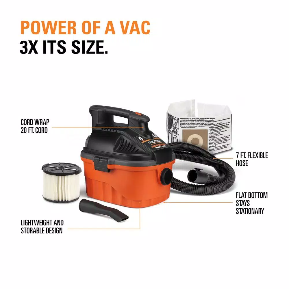 Wet & Dry Vacuums RIDGID 4 Gal. 5.0-Peak HP Portable Wet/Dry Shop Vacuum With Filter, Dust Bag, Locking Hose And Car Nozzle 5 Wet & Dry Vacuums RIDGID 4 Gal. 5.0-Peak HP Portable Wet/Dry Shop Vacuum With Filter, Dust Bag, Locking Hose And Car Nozzle - Image 3