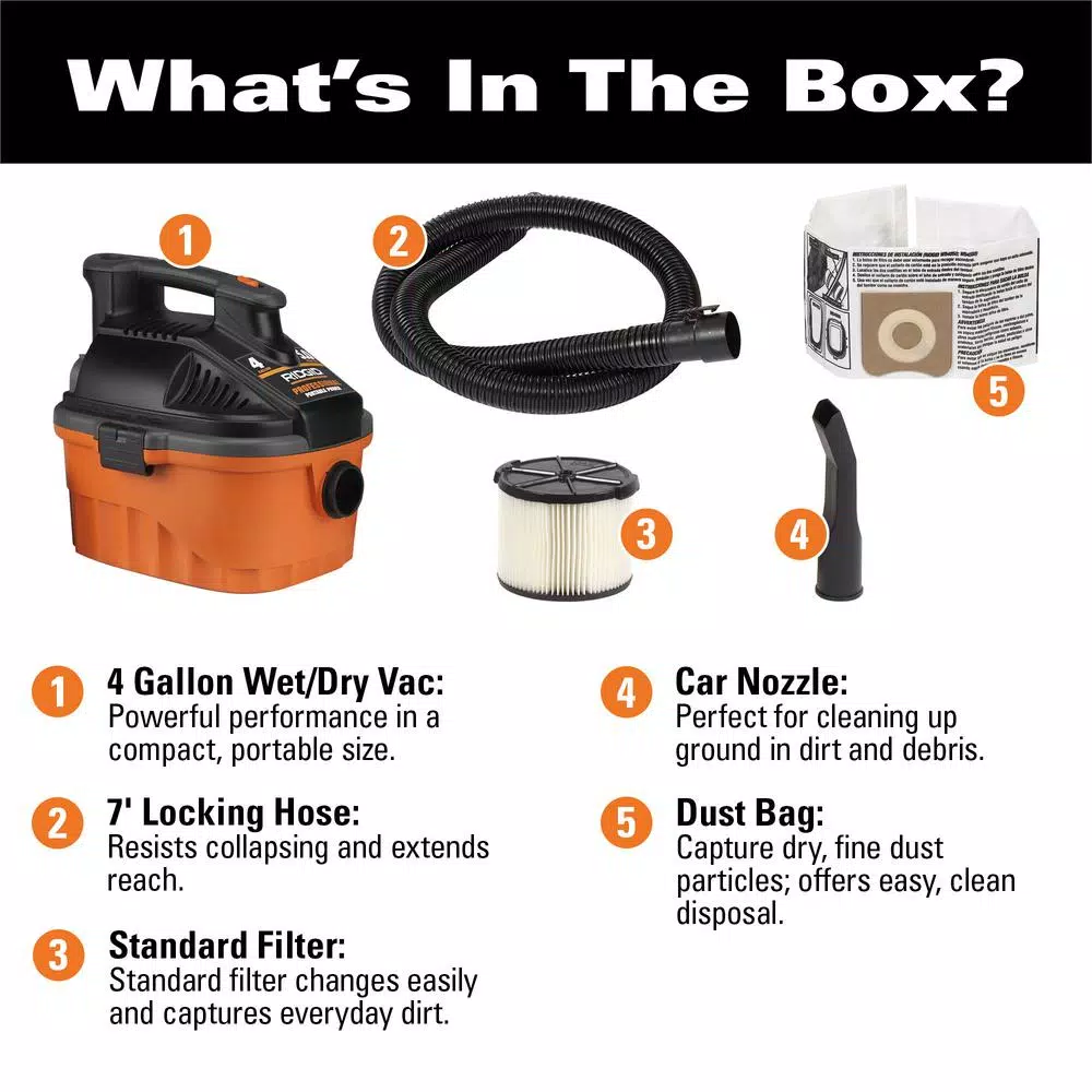 Wet & Dry Vacuums RIDGID 4 Gal. 5.0-Peak HP Portable Wet/Dry Shop Vacuum With Filter, Dust Bag, Locking Hose And Car Nozzle 4 Wet & Dry Vacuums RIDGID 4 Gal. 5.0-Peak HP Portable Wet/Dry Shop Vacuum With Filter, Dust Bag, Locking Hose And Car Nozzle - Image 2