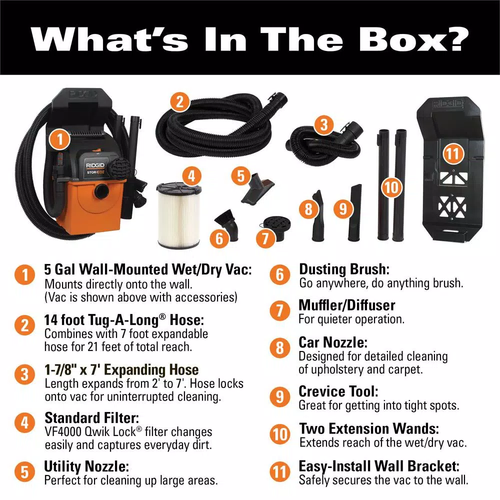 Wet & Dry Vacuums RIDGID 5 Gal. 5.0-Peak HP Portable Wall-Mountable Wet/Dry Shop Vacuum With Filter, Hose And Accessories 4 Wet & Dry Vacuums RIDGID 5 Gal. 5.0-Peak HP Portable Wall-Mountable Wet/Dry Shop Vacuum With Filter, Hose And Accessories - Image 2