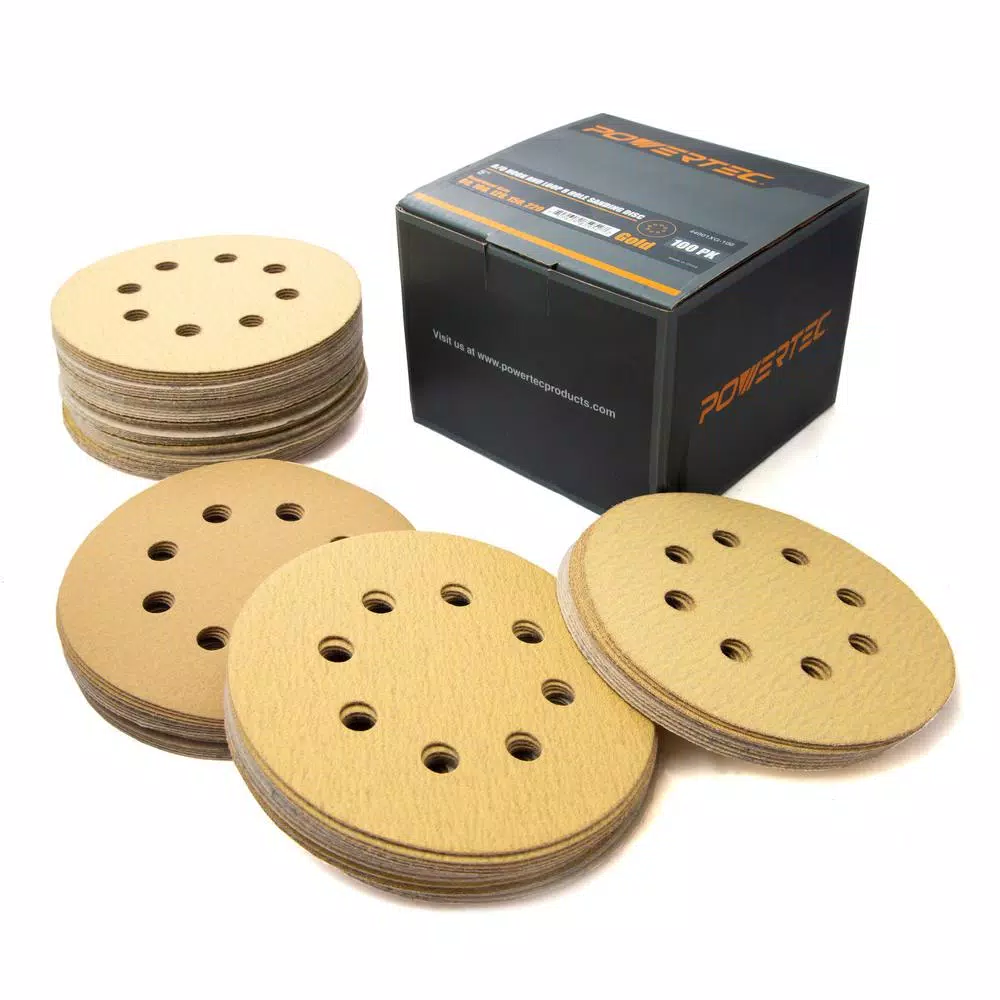 Abrasives POWERTEC 5 In. A/O Hook And Loop 8-Hole Sanding Disc Assortment Grits In Gold (100-Pack) 5 Abrasives POWERTEC 5 In. A/O Hook And Loop 8-Hole Sanding Disc Assortment Grits In Gold (100-Pack) - Image 3