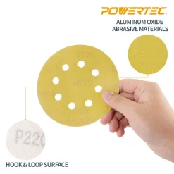 Abrasives POWERTEC 5 In. 8-Hole 80-Grit Hook And Loop Sanding Discs In Gold (50-Pack) -Deals Power Tool Accessories Store powertec power sander accessories 44008g 50 4f 1000