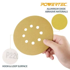 Abrasives POWERTEC 6 In. 8 Hole 60-Grit Hook And Loop Sanding Discs In Gold (50-Pack) -Deals Power Tool Accessories Store powertec power sander accessories 44206g 50 1f 1000