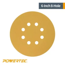 Abrasives POWERTEC 6 In. 8-Hole 100-Grit Hook And Loop Sanding Discs In Gold (50-Pack) -Deals Power Tool Accessories Store powertec power sander accessories 44210g 50 4f 1000