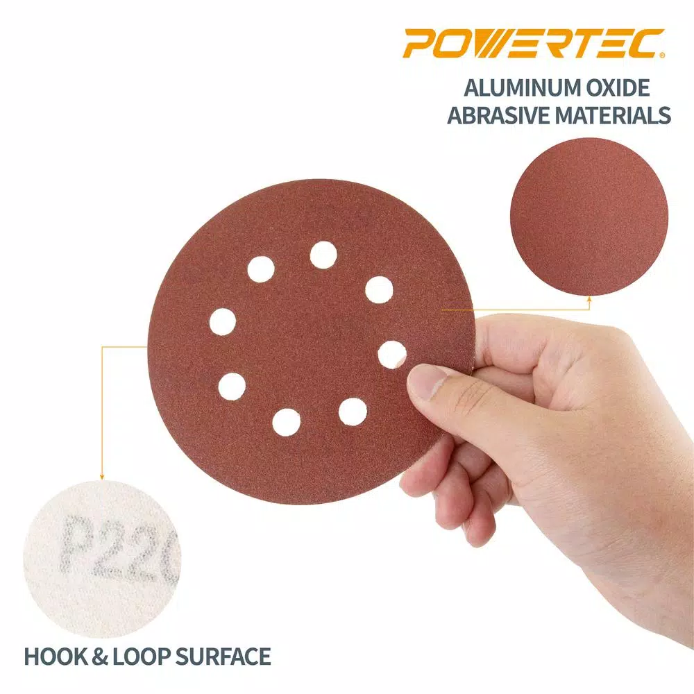Abrasives POWERTEC 5 In. 60-Grit Aluminum Oxide Hook And Loop 8-Hole Disc (25-Pack) 6 Abrasives POWERTEC 5 In. 60-Grit Aluminum Oxide Hook And Loop 8-Hole Disc (25-Pack) - Image 4