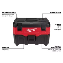 Wet & Dry Vacuums Milwaukee M18 18-Volt 2 Gal. Lithium-Ion Cordless Wet/Dry Vacuum (Tool-Only) -Deals Power Tool Accessories Store reds pinks milwaukee wet dry vacuums 0880 20 40 1000