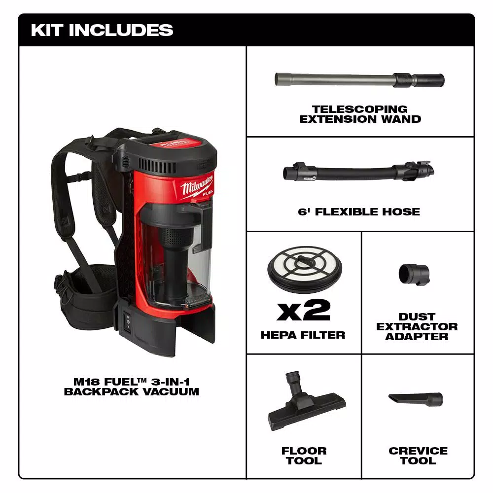 Wet & Dry Vacuums Milwaukee M18 FUEL 18-Volt Lithium-Ion Brushless 1 Gal. Cordless 3-in-1 Backpack Vacuum With Extra HEPA Filter 4 Wet & Dry Vacuums Milwaukee M18 FUEL 18-Volt Lithium-Ion Brushless 1 Gal. Cordless 3-in-1 Backpack Vacuum With Extra HEPA Filter - Image 2