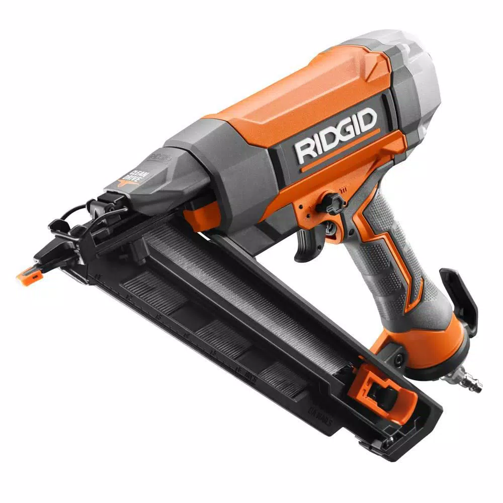 Nail Guns RIDGID 15-Gauge 2-1/2 In. Angled Finish Nailer With CLEAN DRIVE Technology, Tool Bag, And Sample Nails 3 Nail Guns RIDGID 15-Gauge 2-1/2 In. Angled Finish Nailer With CLEAN DRIVE Technology, Tool Bag, And Sample Nails