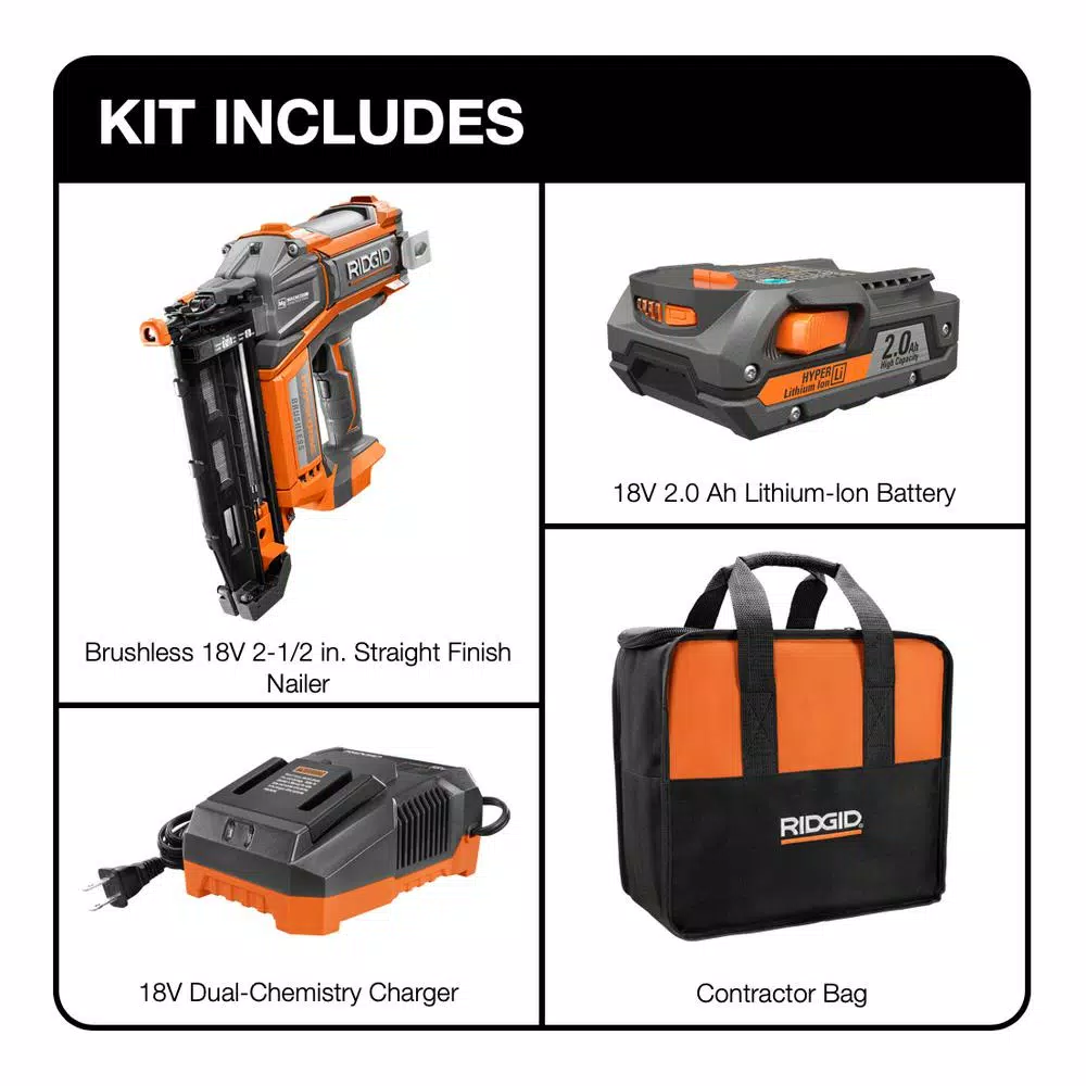 Nail Guns RIDGID 18-Volt Cordless Brushless HYPERDRIVE 16-Gauge 2-1/2 In Straight Finish Nailer, 2 Ah Battery, Charger, Belt Clip And Bag 4 Nail Guns RIDGID 18-Volt Cordless Brushless HYPERDRIVE 16-Gauge 2-1/2 In Straight Finish Nailer, 2 Ah Battery, Charger, Belt Clip And Bag - Image 2